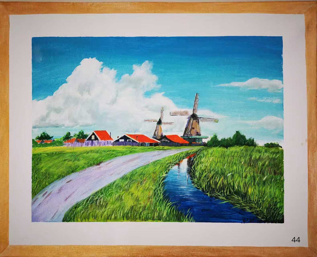 风车·晴空原野 Acrylic Windmill Landscape Painting 51×40cm