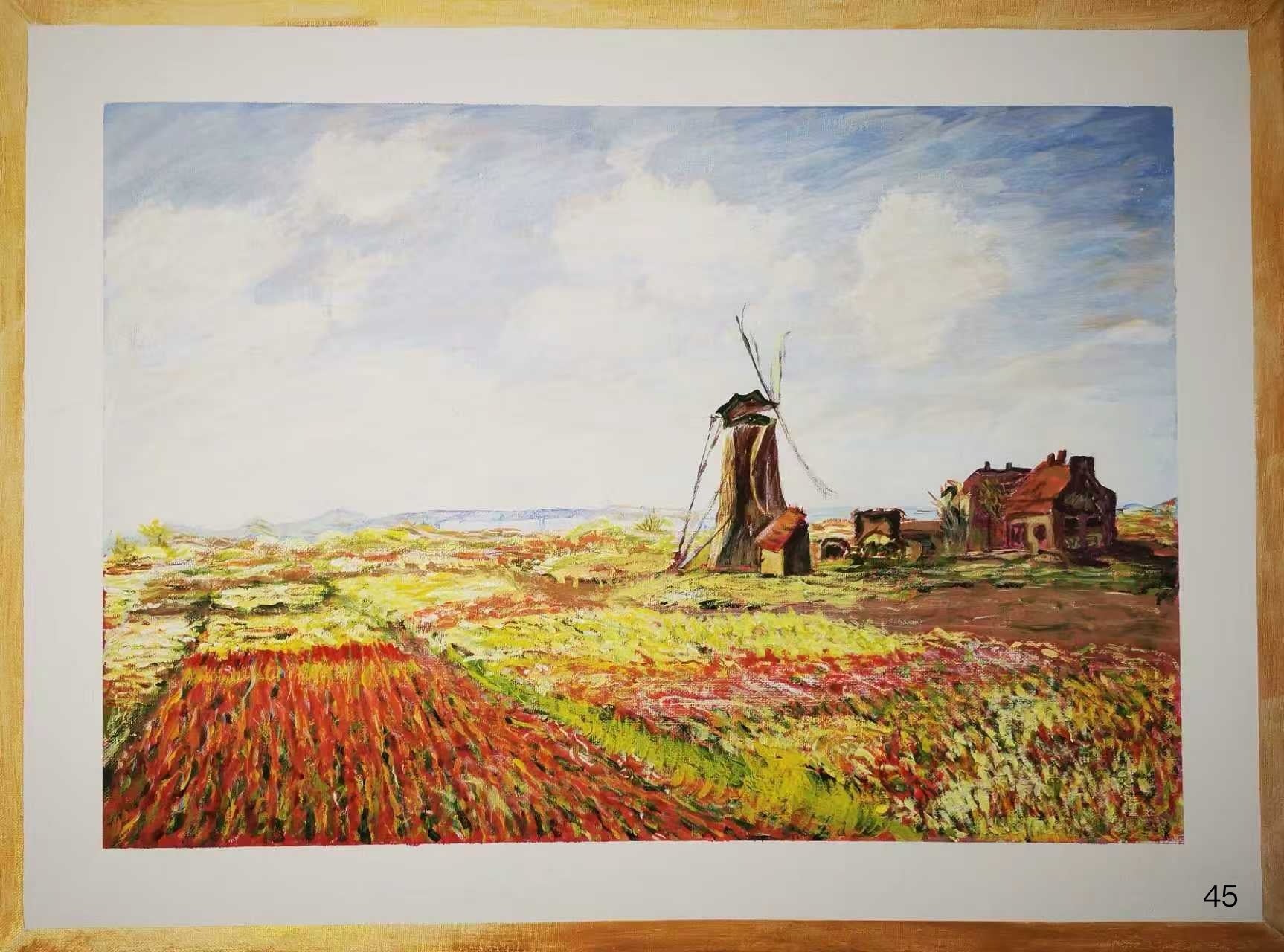 莫奈风格 风车花田丙烯画 Monet Inspired Windmill and Flower Fields Acrylic Painting