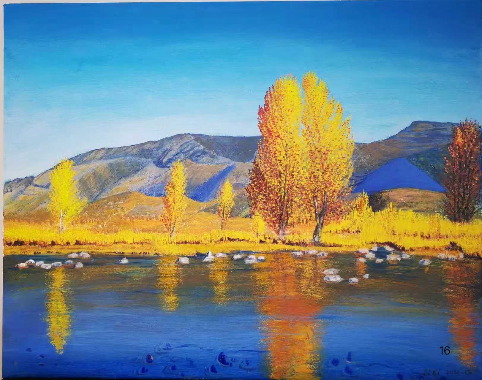 秋色映湖 Acrylic Landscape Painting 50.5*40.5cm