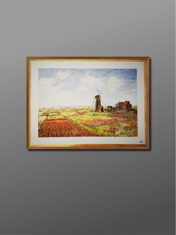 莫奈风格 风车花田丙烯画 Monet Inspired Windmill and Flower Fields Acrylic Painting