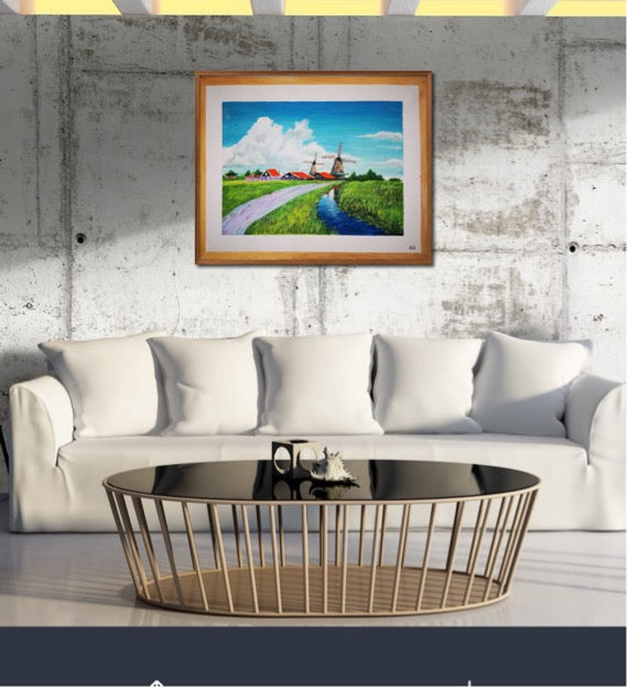 风车·晴空原野 Acrylic Windmill Landscape Painting 51×40cm