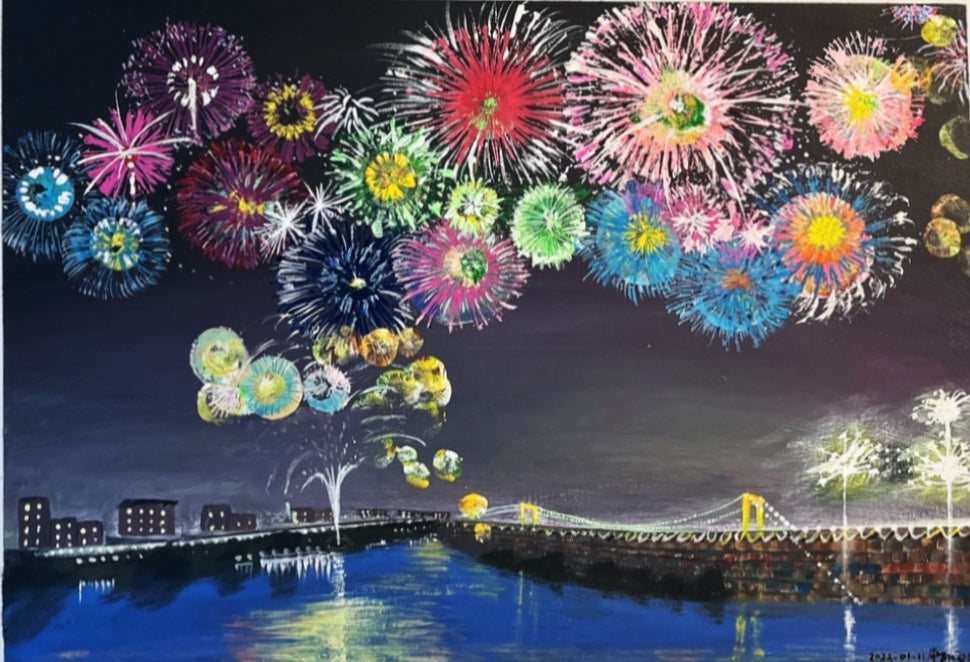 烟花之夜 Acrylic Fireworks Over River 61 × 45.5 cm
