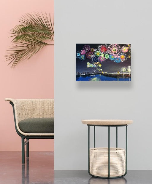 烟花之夜 Acrylic Fireworks Over River 61 × 45.5 cm