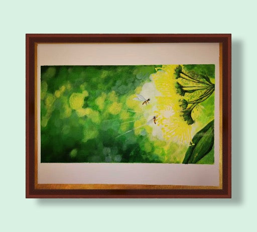 🌿【蜜蜂与绿光之境｜Acrylic Painting 50.5×40.5cm】