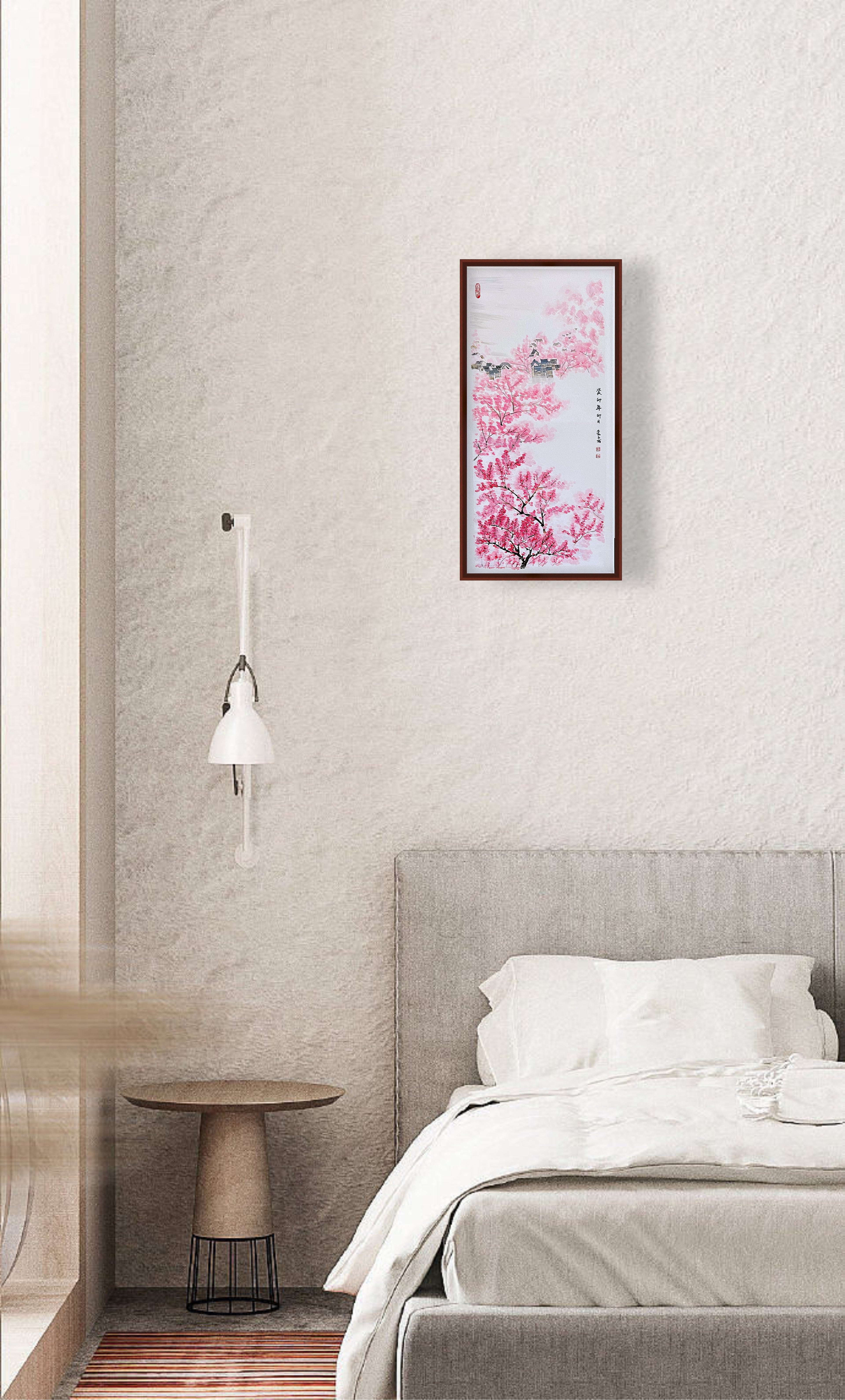 春山桃影 · 丙烯中国画（78.5 × 39.5 cm）