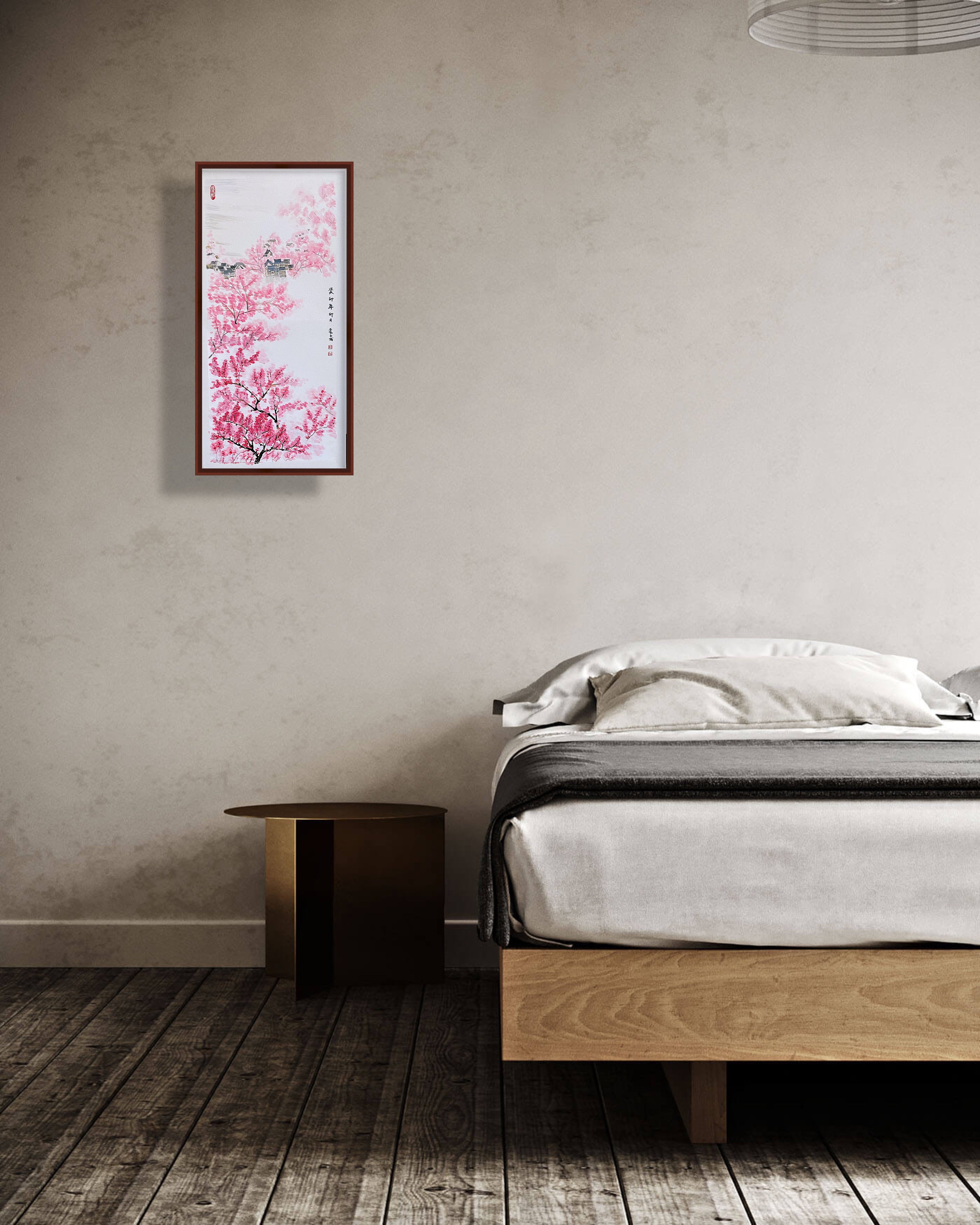 春山桃影 · 丙烯中国画（78.5 × 39.5 cm）