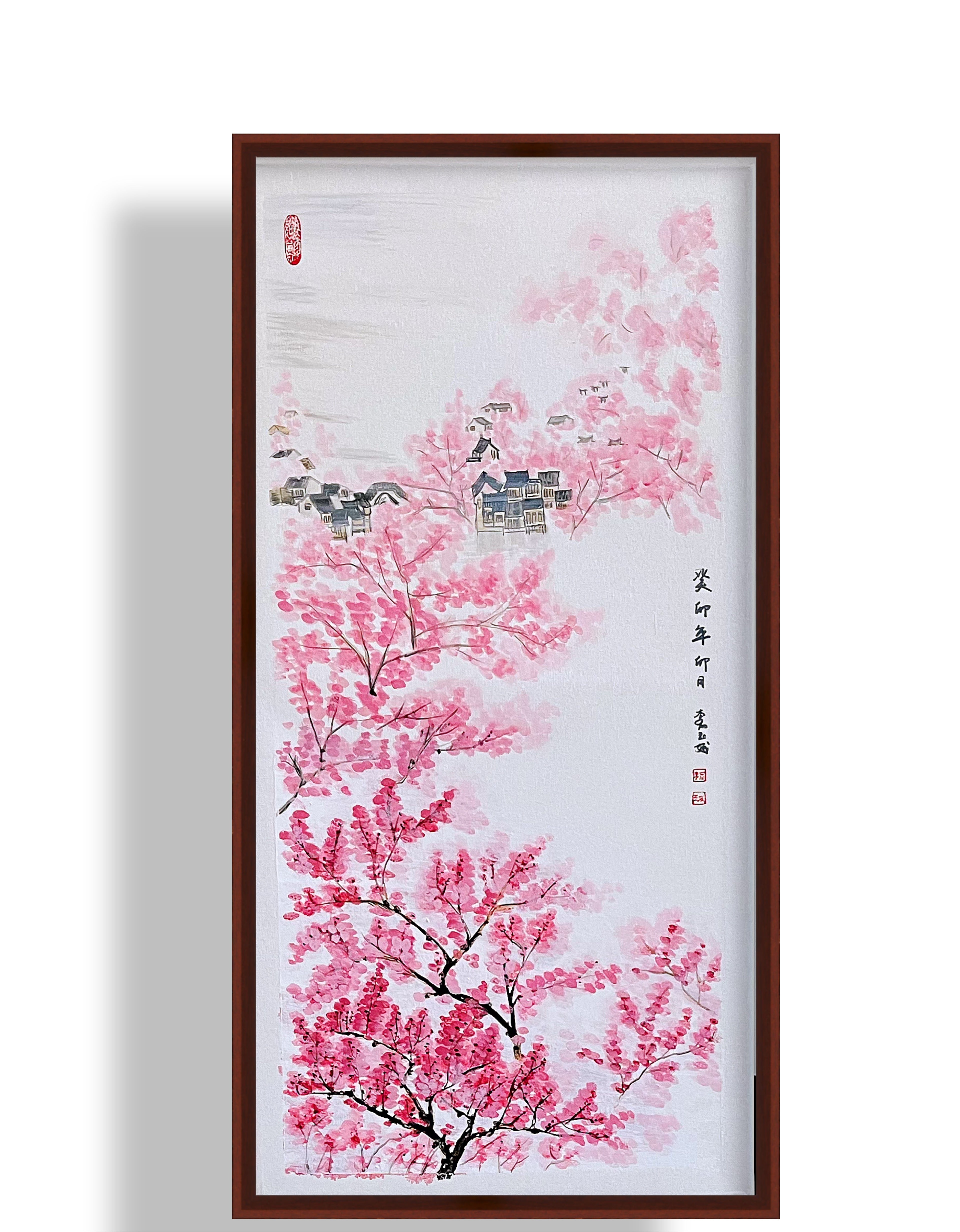 春山桃影 · 丙烯中国画（78.5 × 39.5 cm）