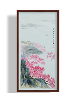 桃花远村图 · 丙烯中国画（78.5 × 39.5 cm）