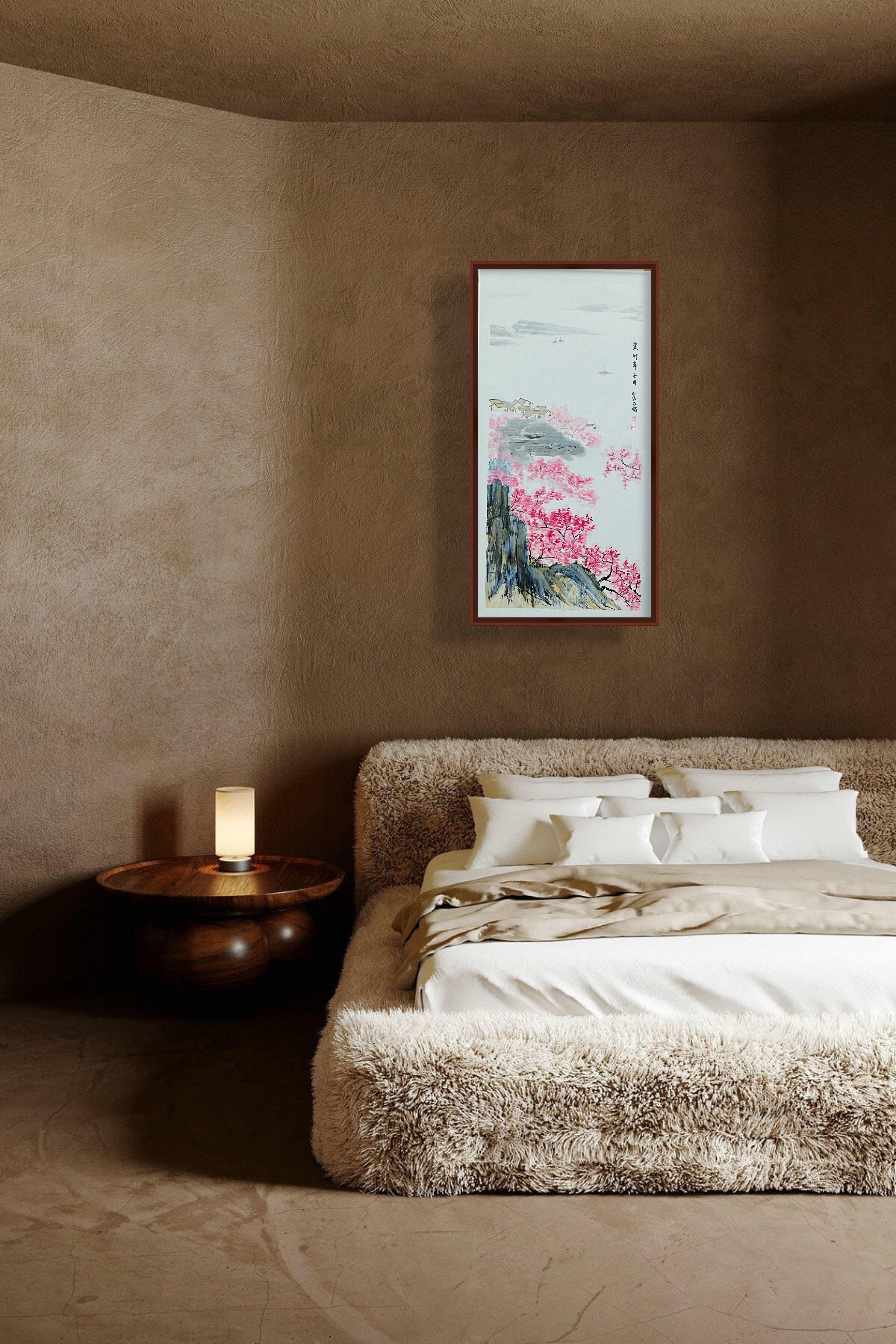 桃花远村图 · 丙烯中国画（78.5 × 39.5 cm）