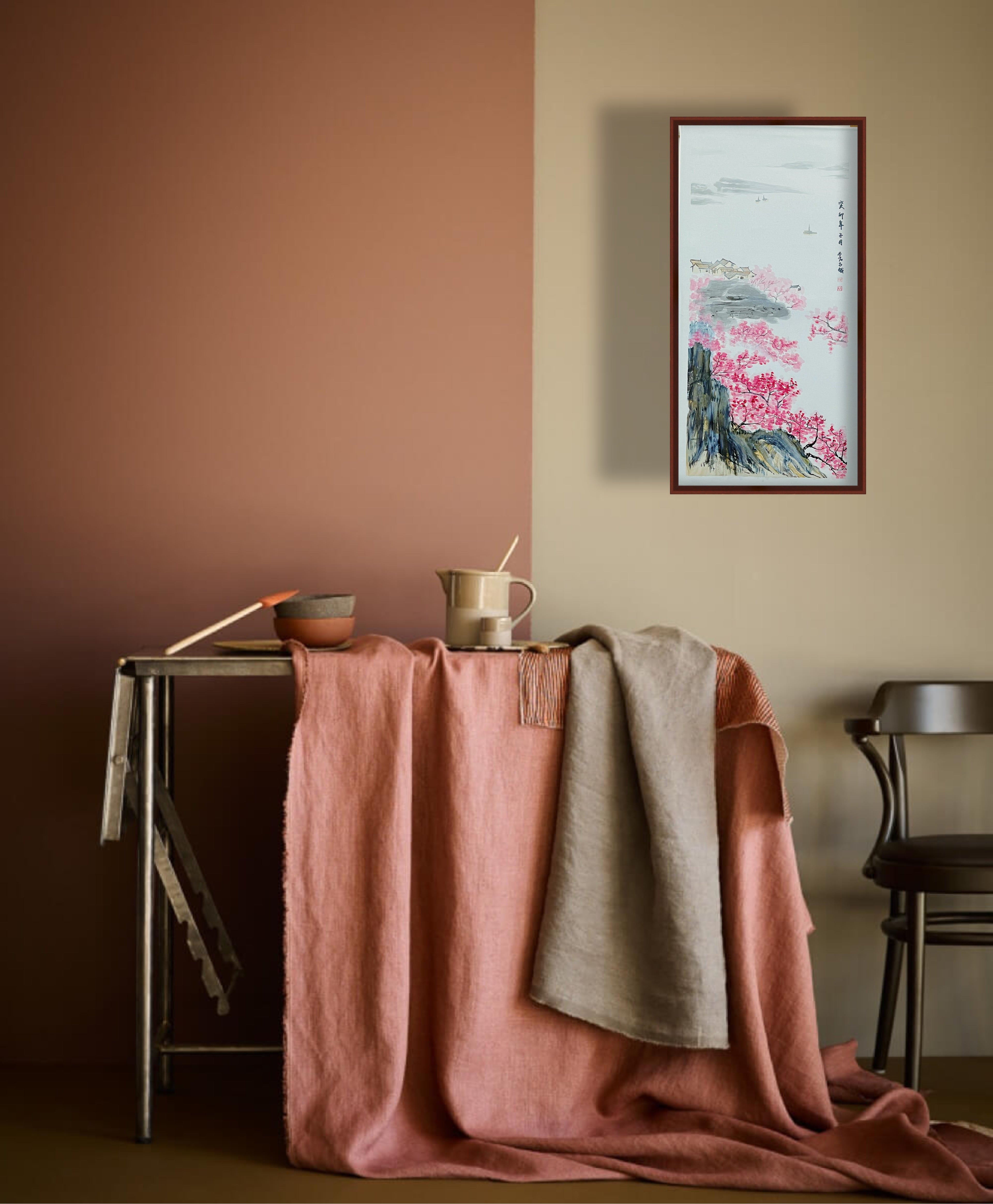 桃花远村图 · 丙烯中国画（78.5 × 39.5 cm）