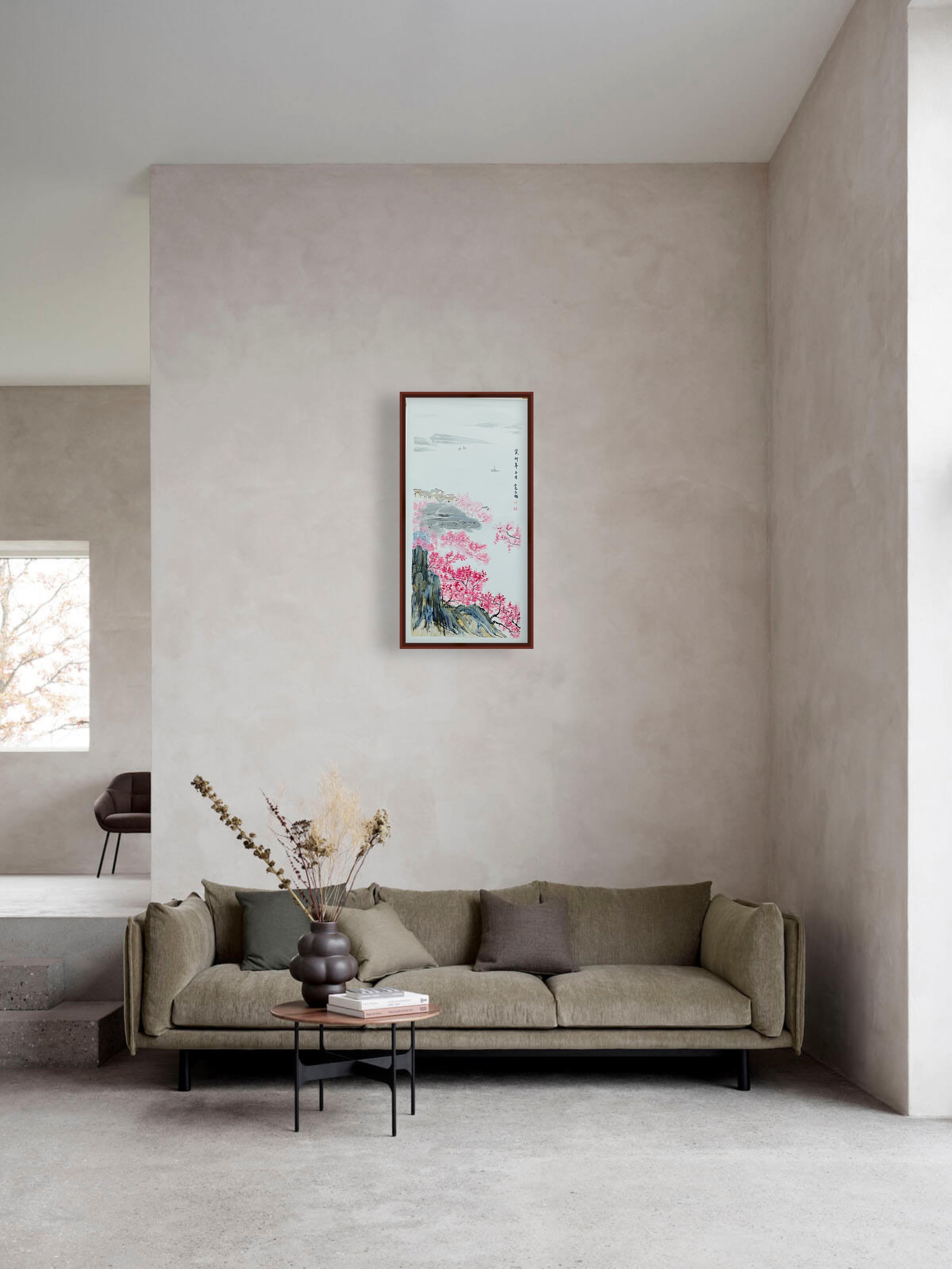 桃花远村图 · 丙烯中国画（78.5 × 39.5 cm）