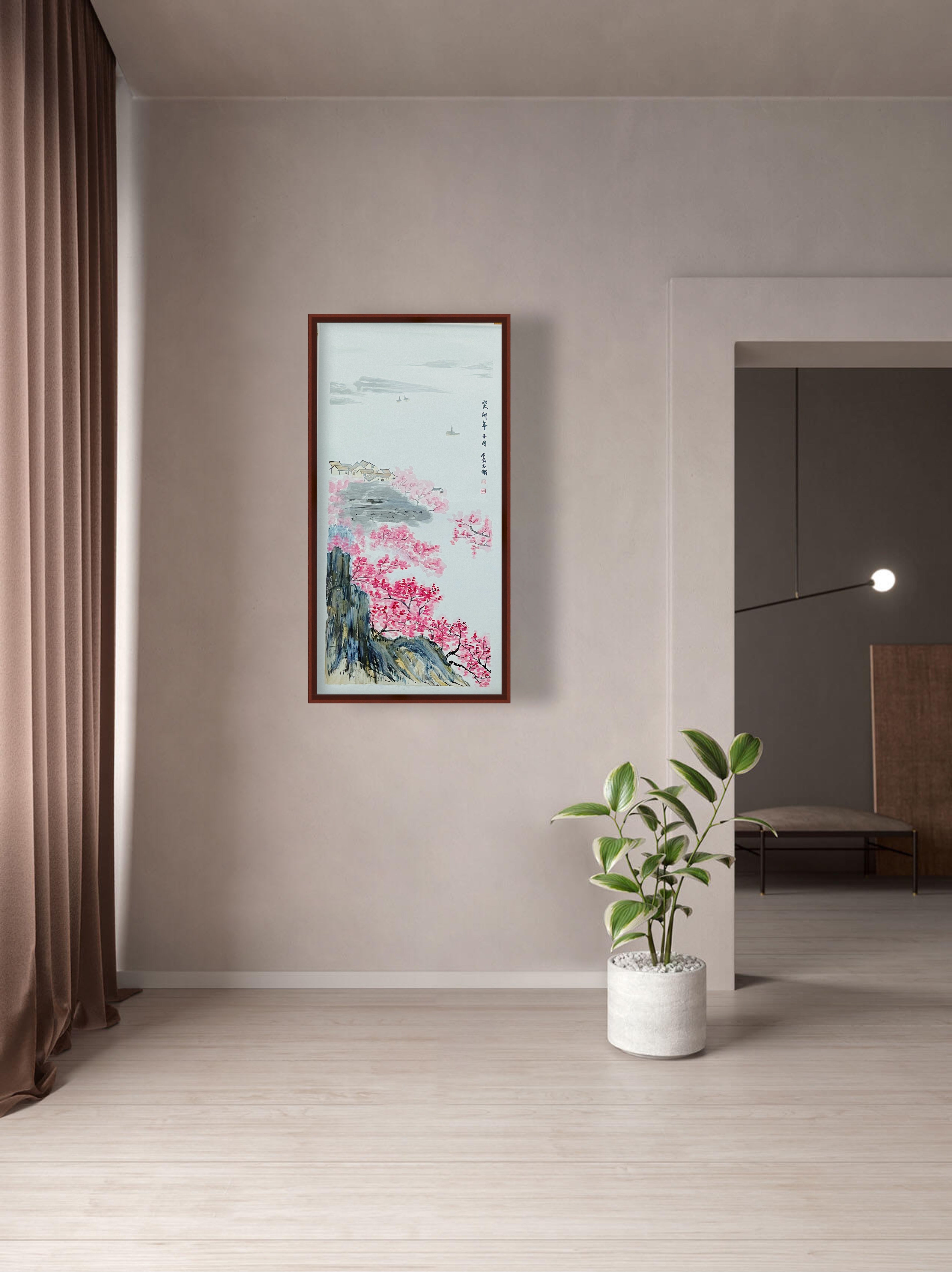 桃花远村图 · 丙烯中国画（78.5 × 39.5 cm）