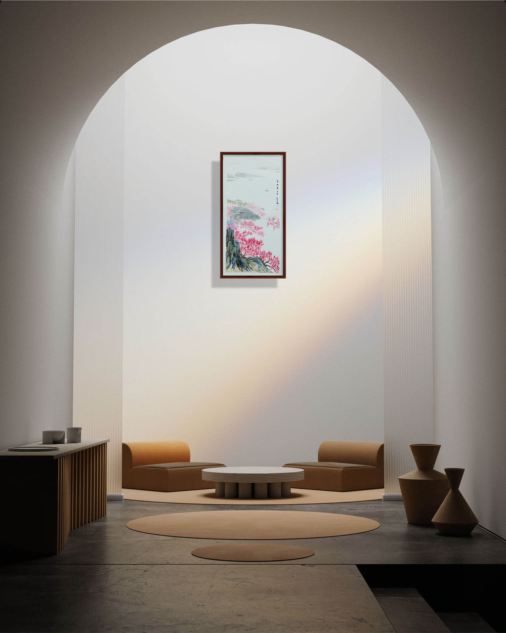 桃花远村图 · 丙烯中国画（78.5 × 39.5 cm）