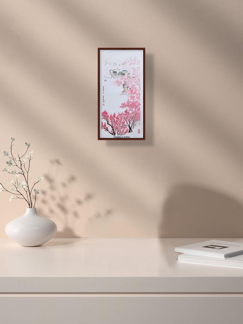 桃花村落山水 · 丙烯中国画（78.5 × 39.5 cm）