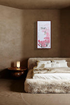 桃花村落山水 · 丙烯中国画（78.5 × 39.5 cm）