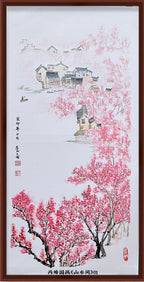 桃花村落山水 · 丙烯中国画（78.5 × 39.5 cm）