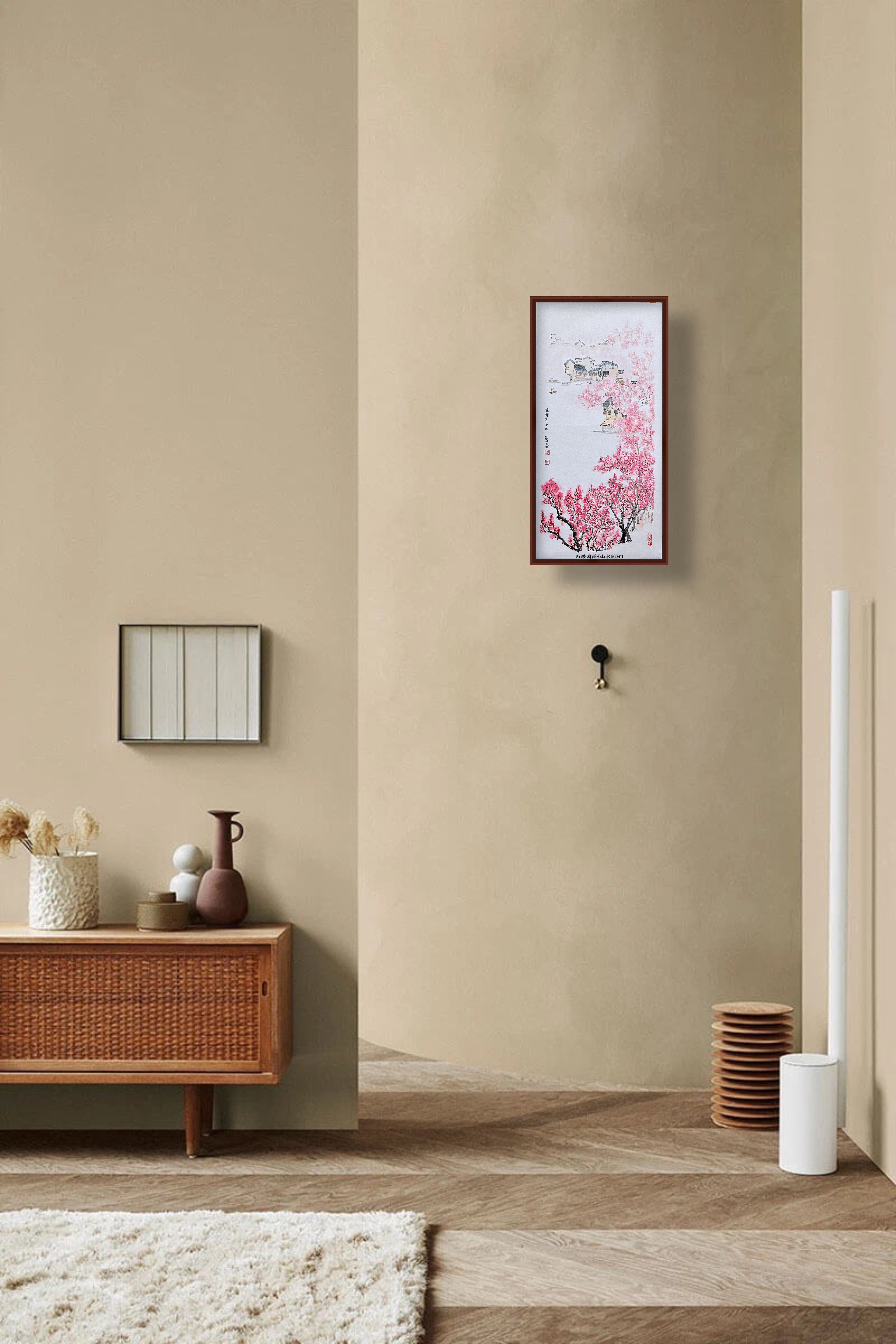 桃花村落山水 · 丙烯中国画（78.5 × 39.5 cm）