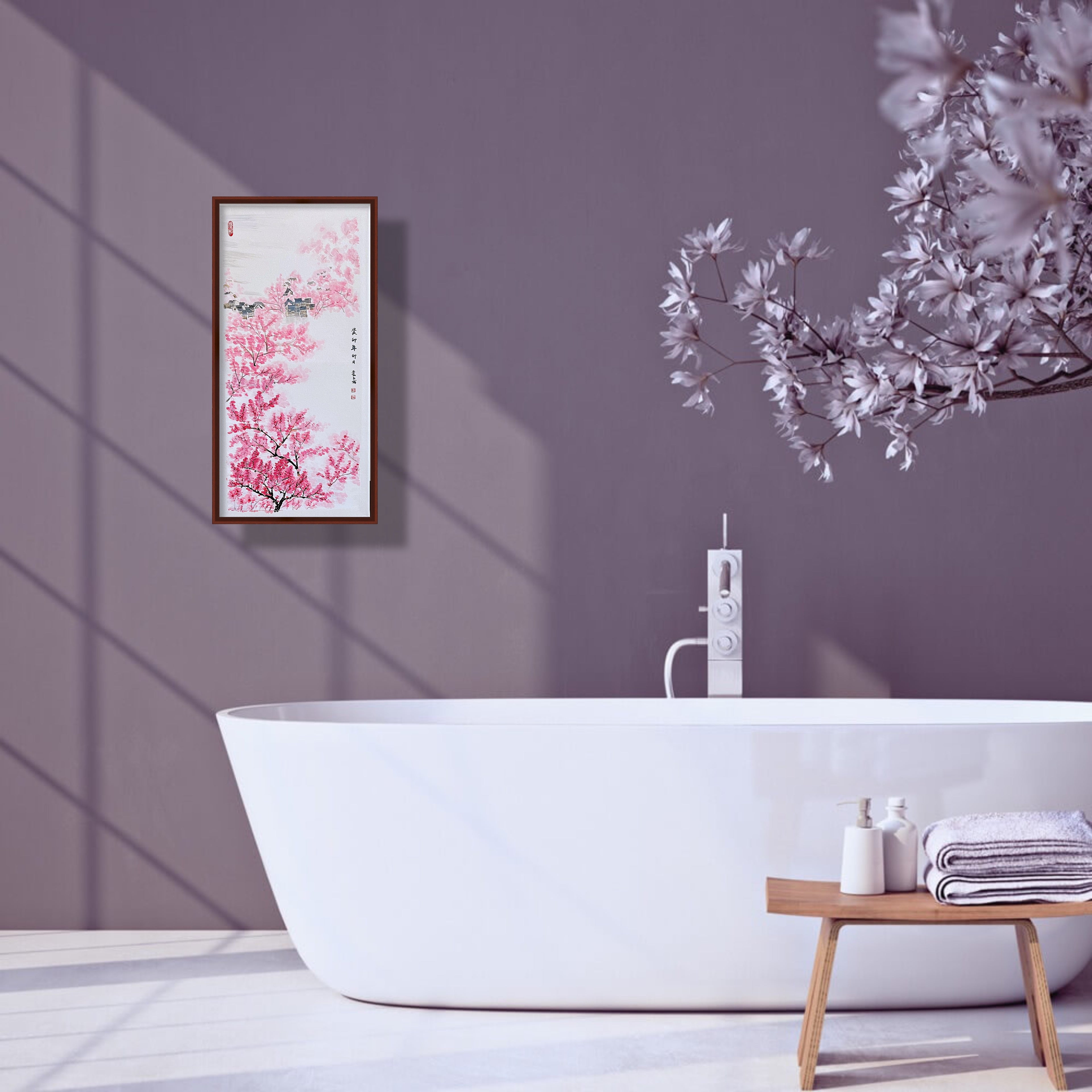 春山桃影 · 丙烯中国画（78.5 × 39.5 cm）