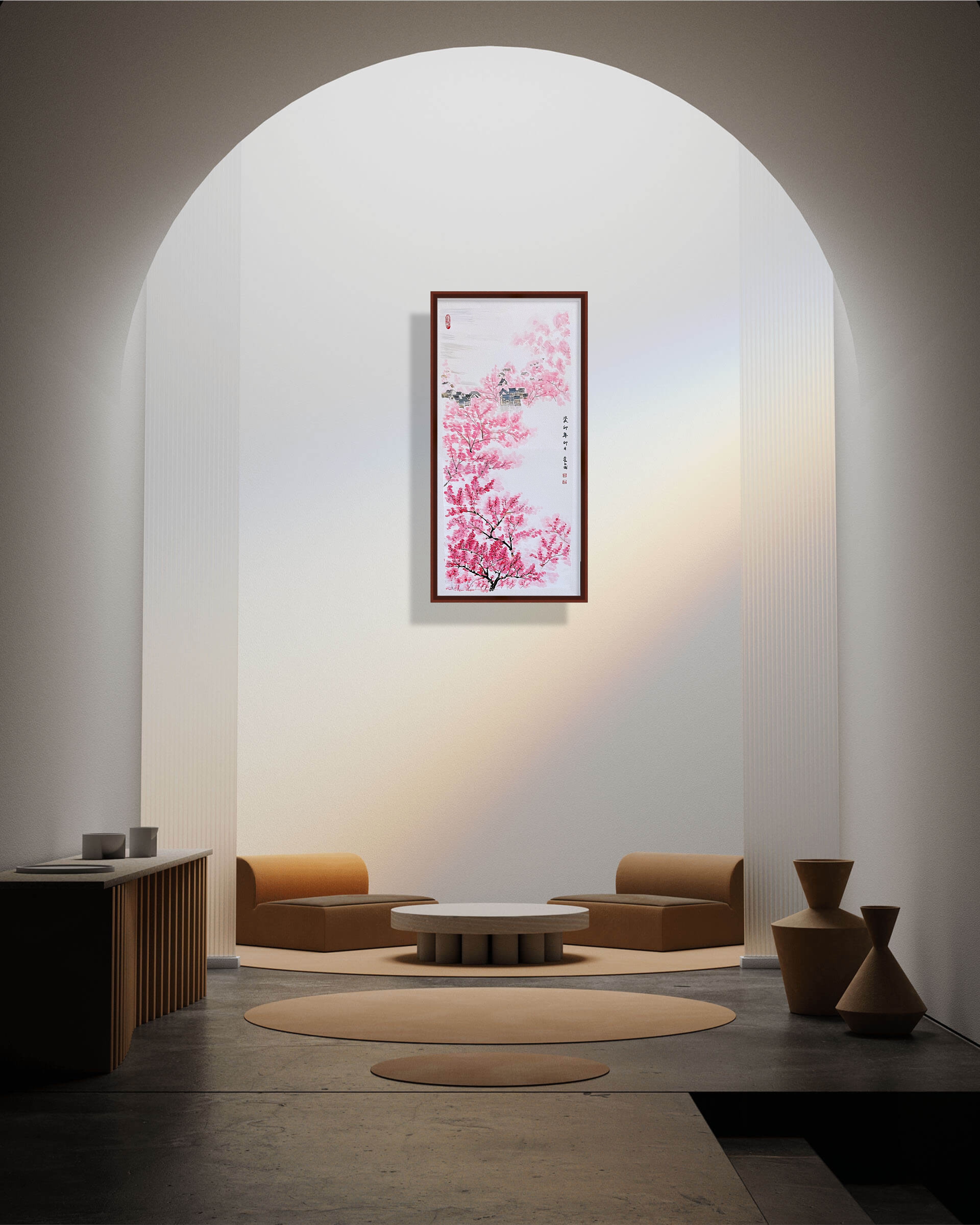 春山桃影 · 丙烯中国画（78.5 × 39.5 cm）