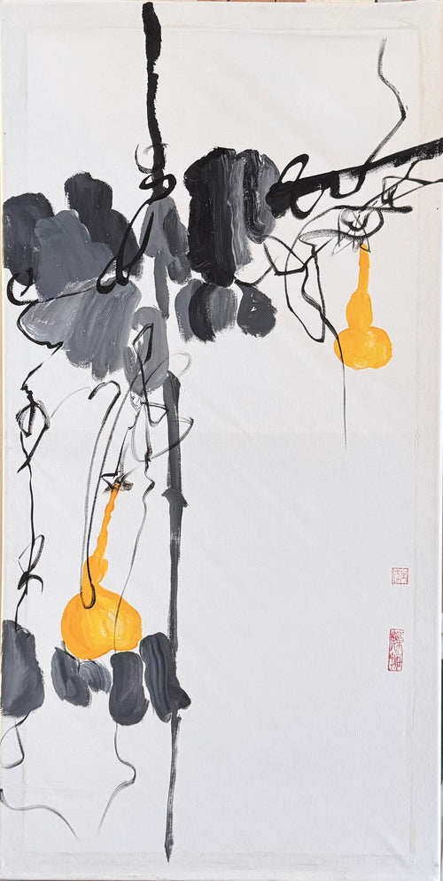 《墨影金葫·写意丙烯中国画》 Acrylic Gourd Painting · Inspired by Qi Baishi（78.5 × 39.5 cm）