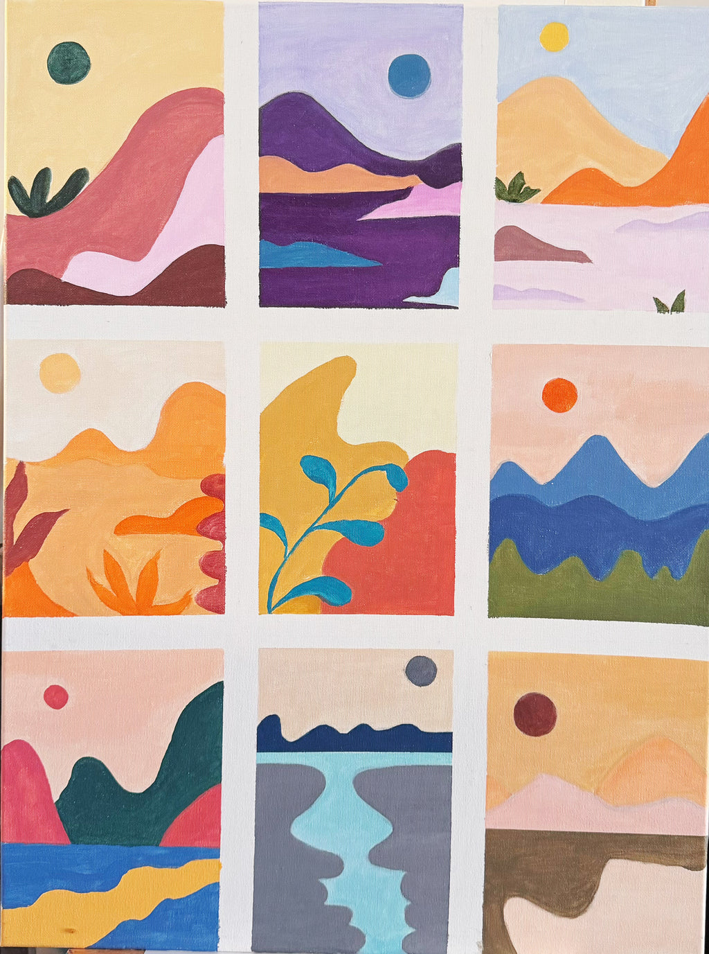 九景色块构成的抽象山水 Acrylic Abstract Landscape Grid Painting 60.5x46cm