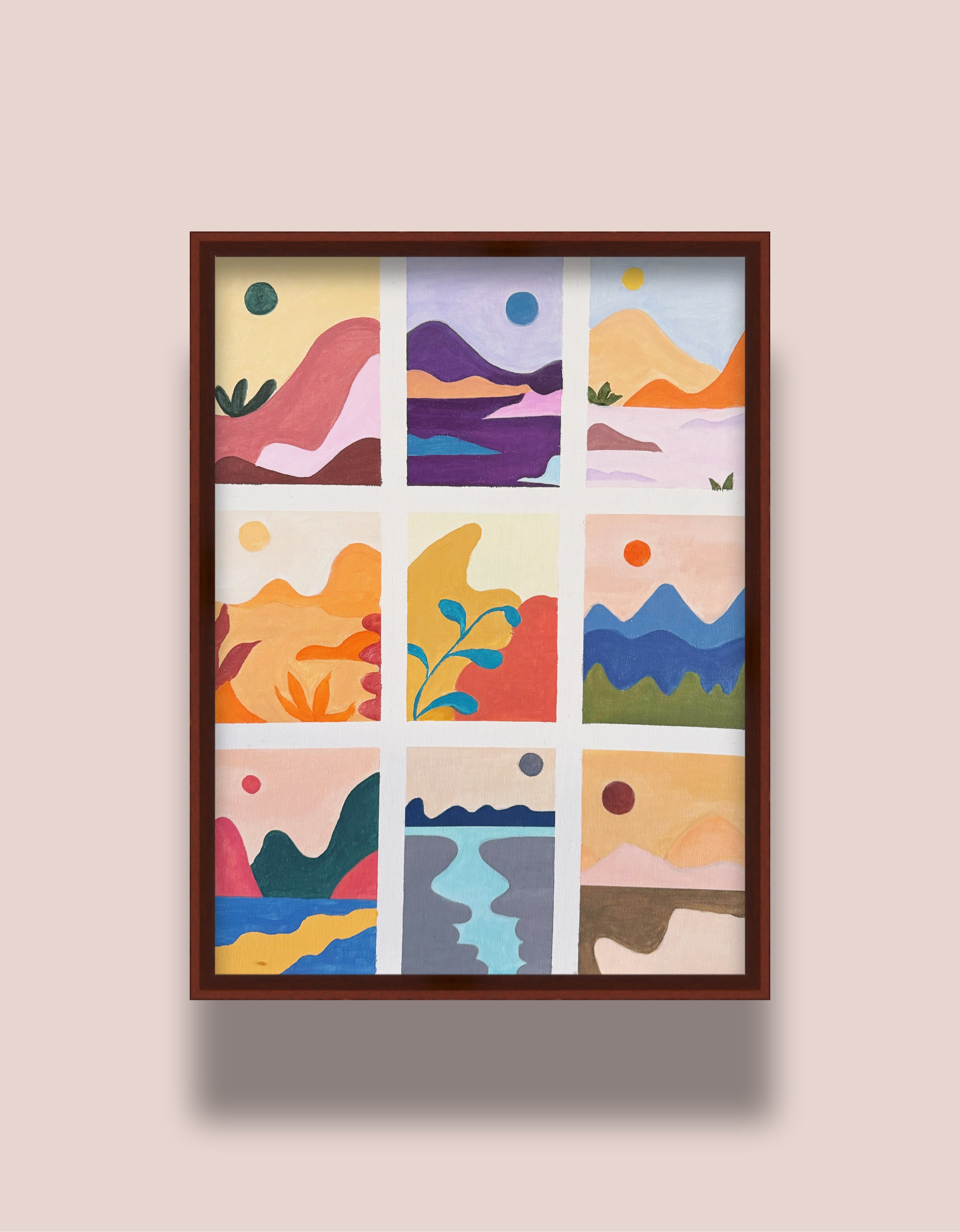 九景色块构成的抽象山水Acrylic Abstract Landscape Grid Painting