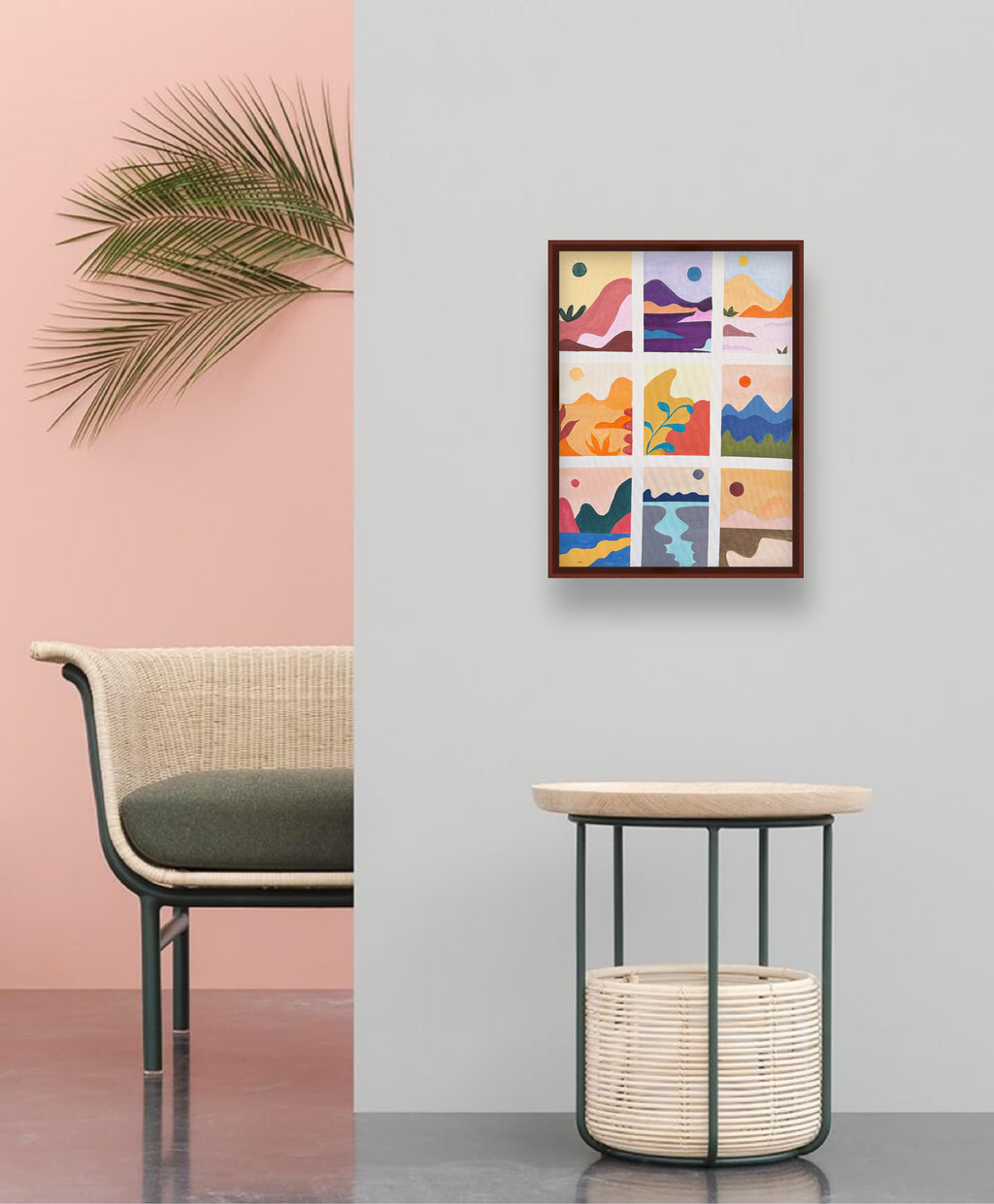 九景色块构成的抽象山水 Acrylic Abstract Landscape Grid Painting 60.5x46cm