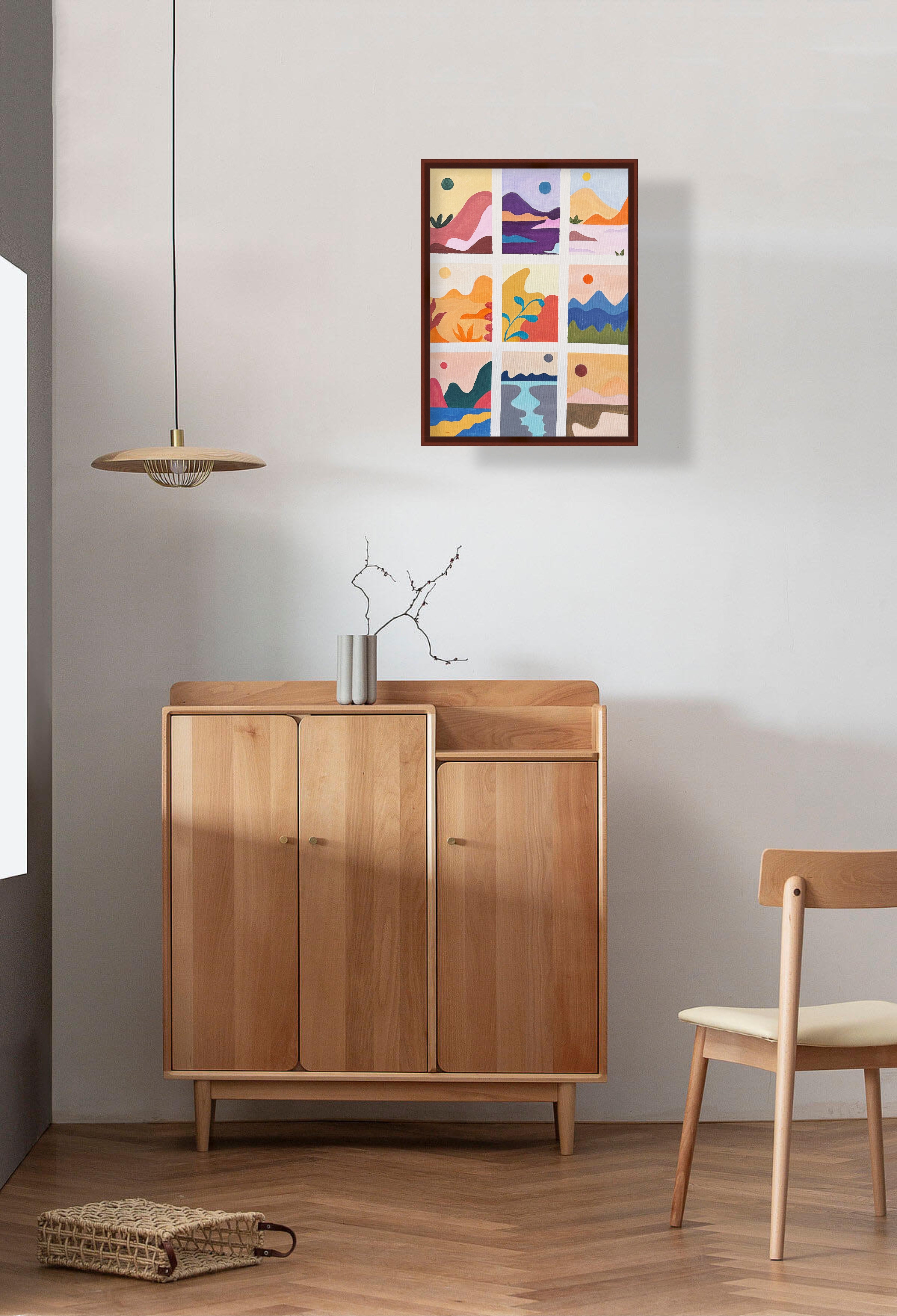 九景色块构成的抽象山水 Acrylic Abstract Landscape Grid Painting 60.5x46cm