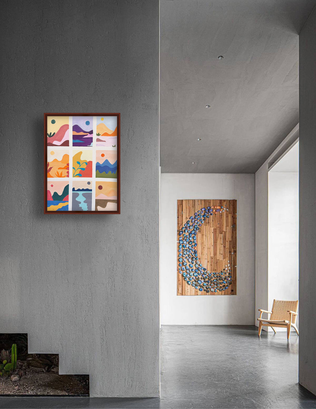 九景色块构成的抽象山水 Acrylic Abstract Landscape Grid Painting 60.5x46cm