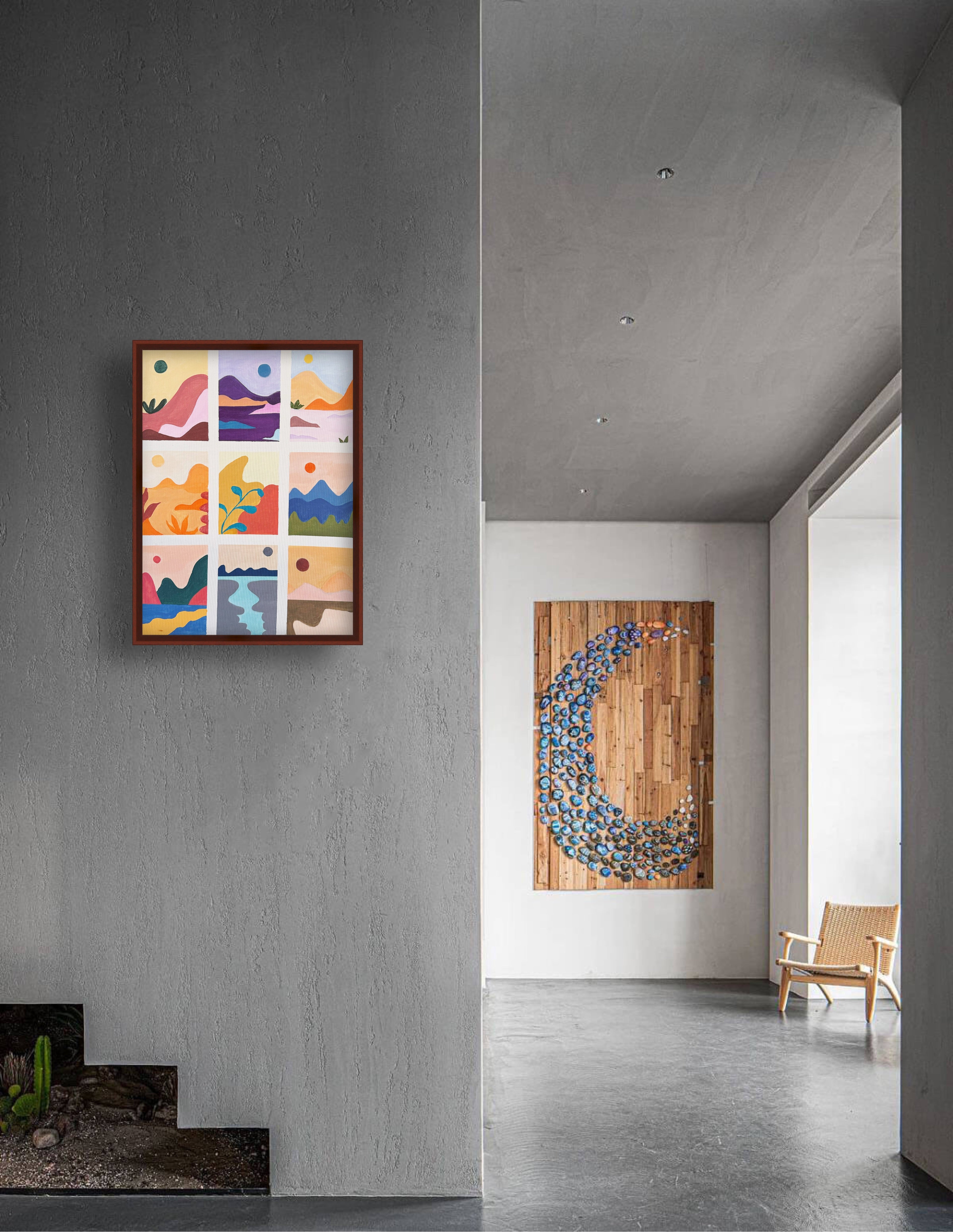 九景色块构成的抽象山水 Acrylic Abstract Landscape Grid Painting 60.5x46cm