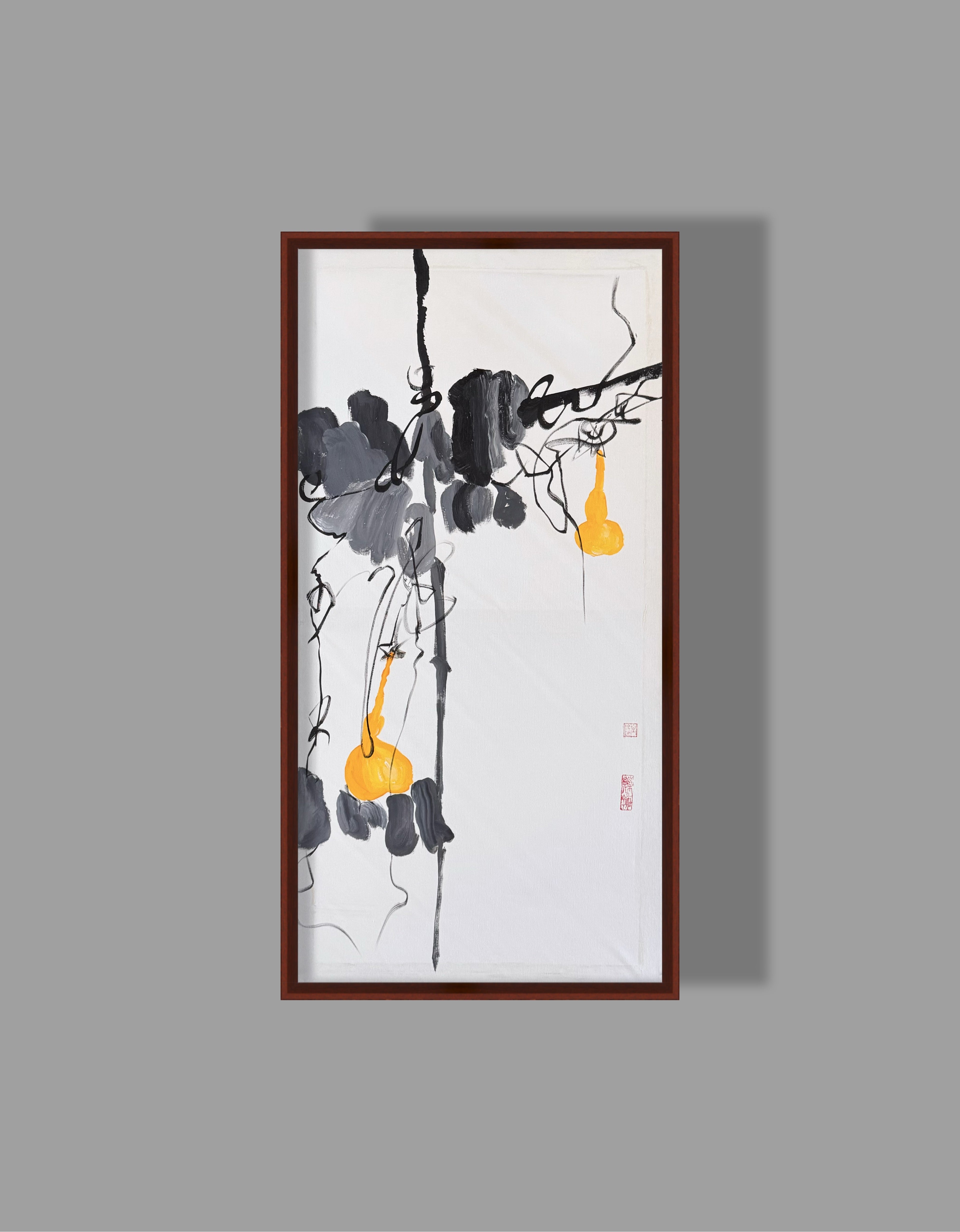 《墨影金葫·写意丙烯中国画》 Acrylic Gourd Painting · Inspired by Qi Baishi（78.5 × 39.5 cm）