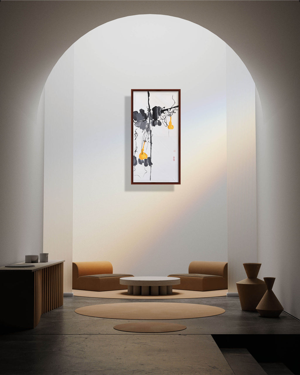 《墨影金葫·写意丙烯中国画》 Acrylic Gourd Painting · Inspired by Qi Baishi（78.5 × 39.5 cm）