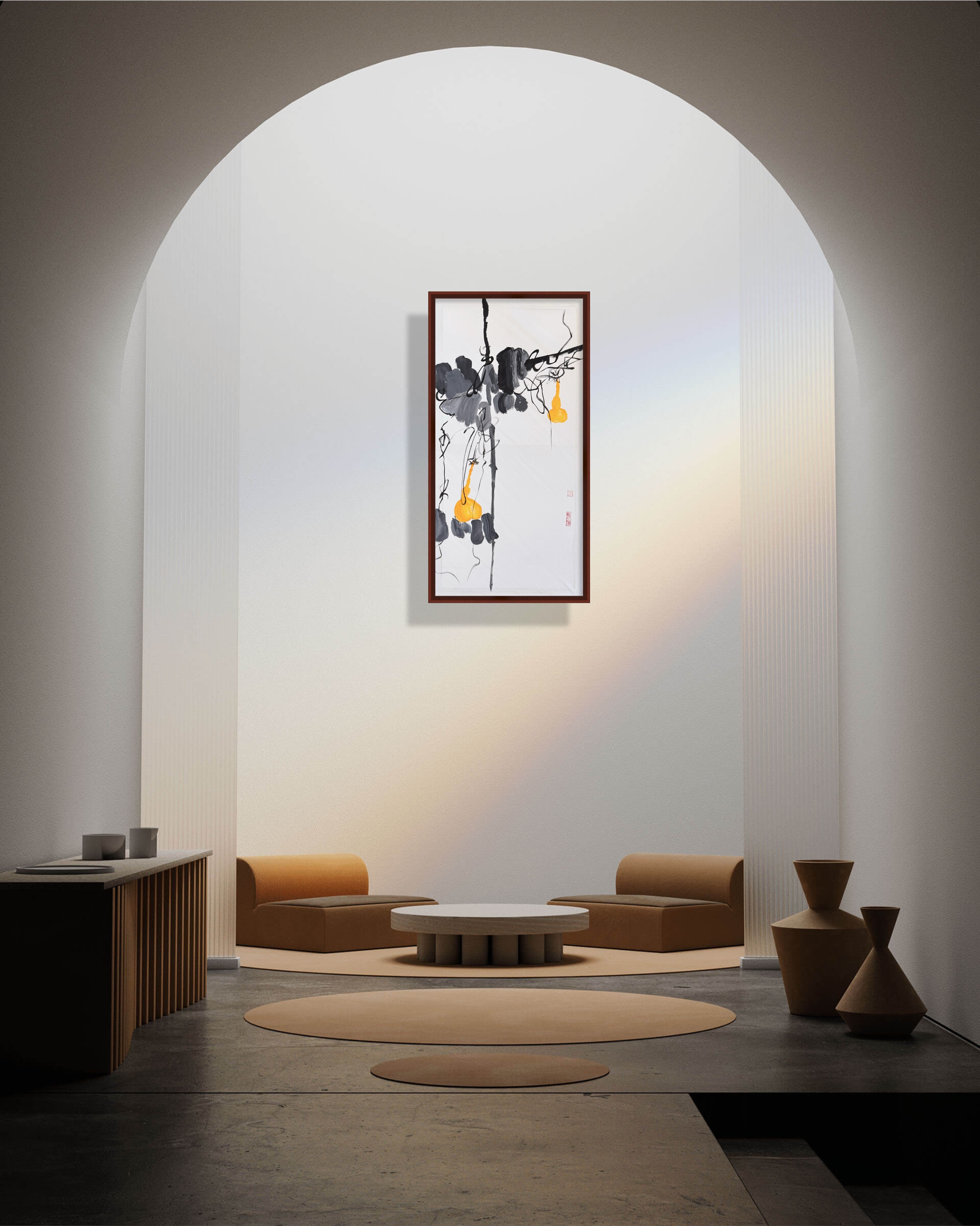 《墨影金葫·写意丙烯中国画》 Acrylic Gourd Painting · Inspired by Qi Baishi（78.5 × 39.5 cm）