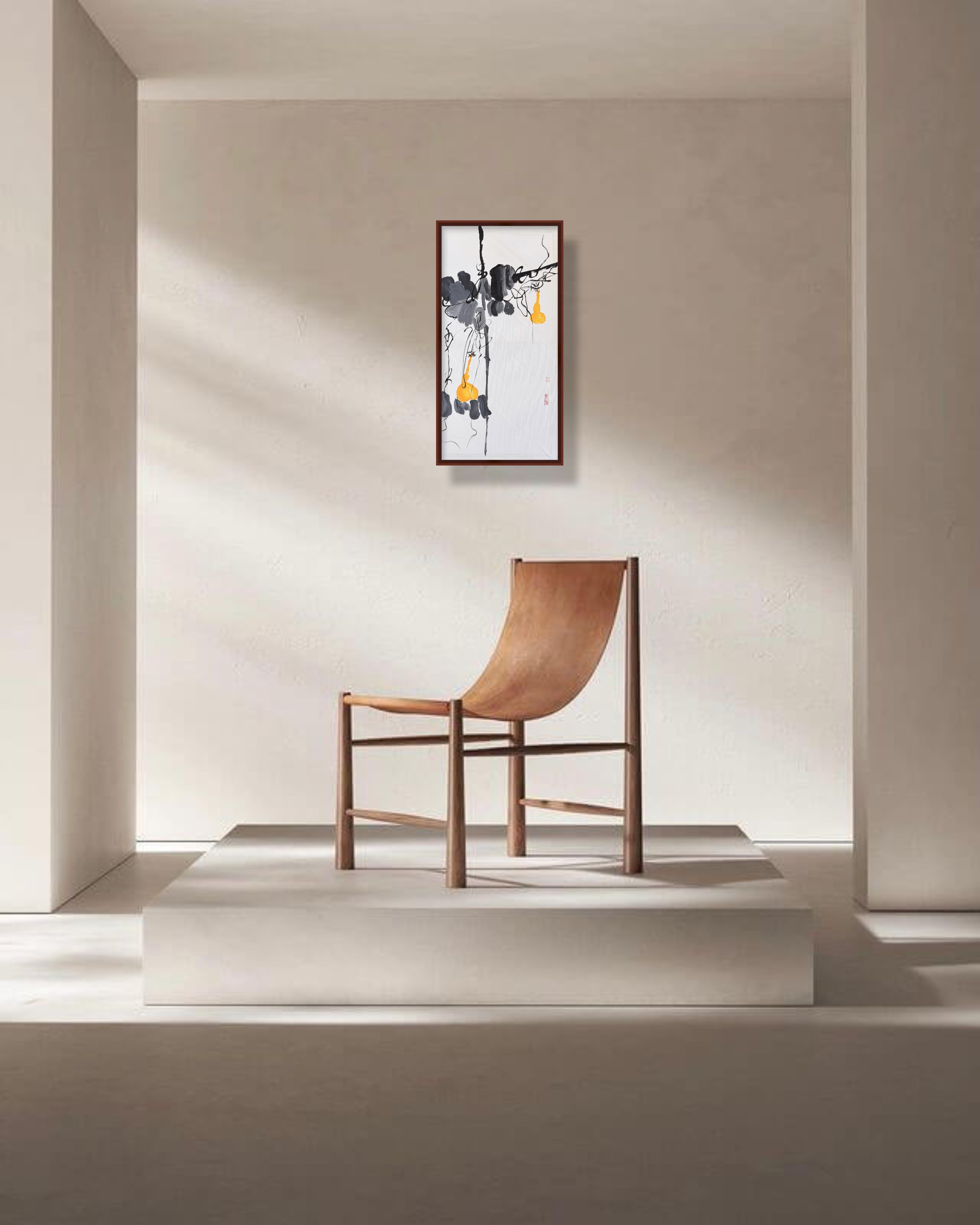 《墨影金葫·写意丙烯中国画》 Acrylic Gourd Painting · Inspired by Qi Baishi（78.5 × 39.5 cm）