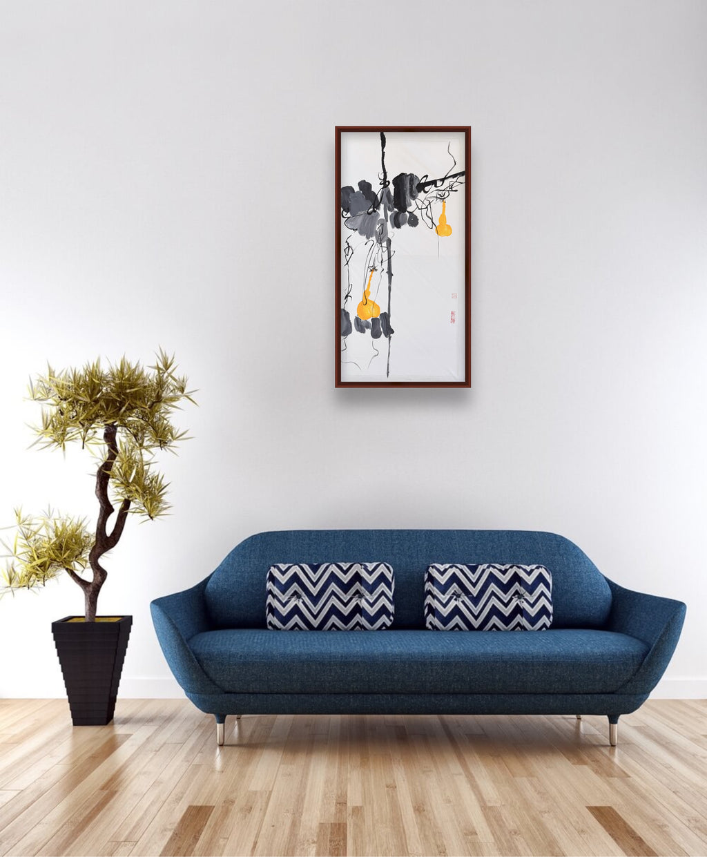 《墨影金葫·写意丙烯中国画》 Acrylic Gourd Painting · Inspired by Qi Baishi（78.5 × 39.5 cm）