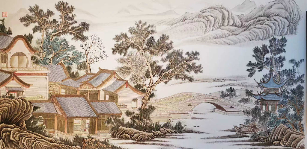 江南古桥亭台 • 纸本中国画 138 x 68 cm