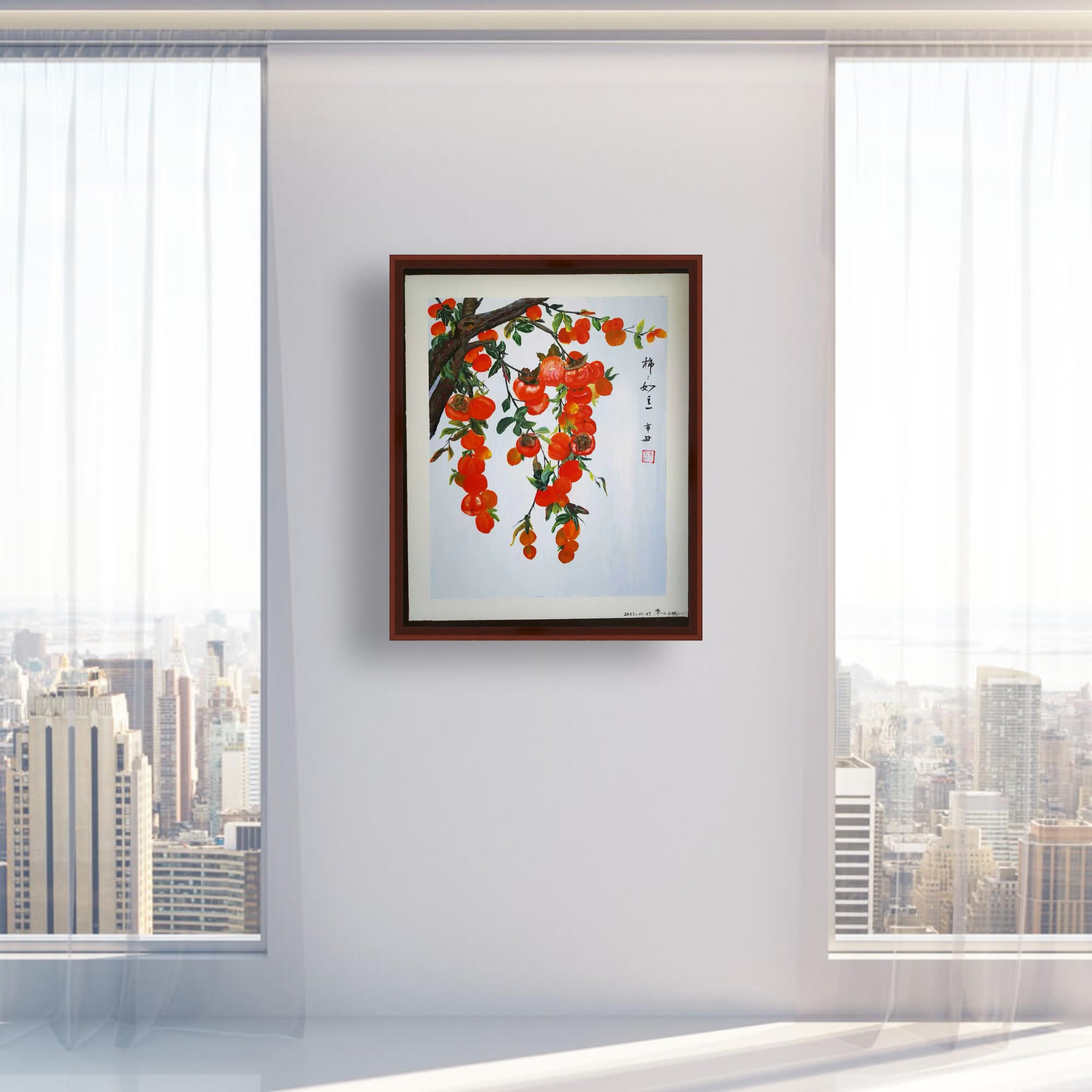 丙烯国画 柿子红了 59×49.5cm
Acrylic Chinese Painting Persimmons in Autumn 59×49.5cm