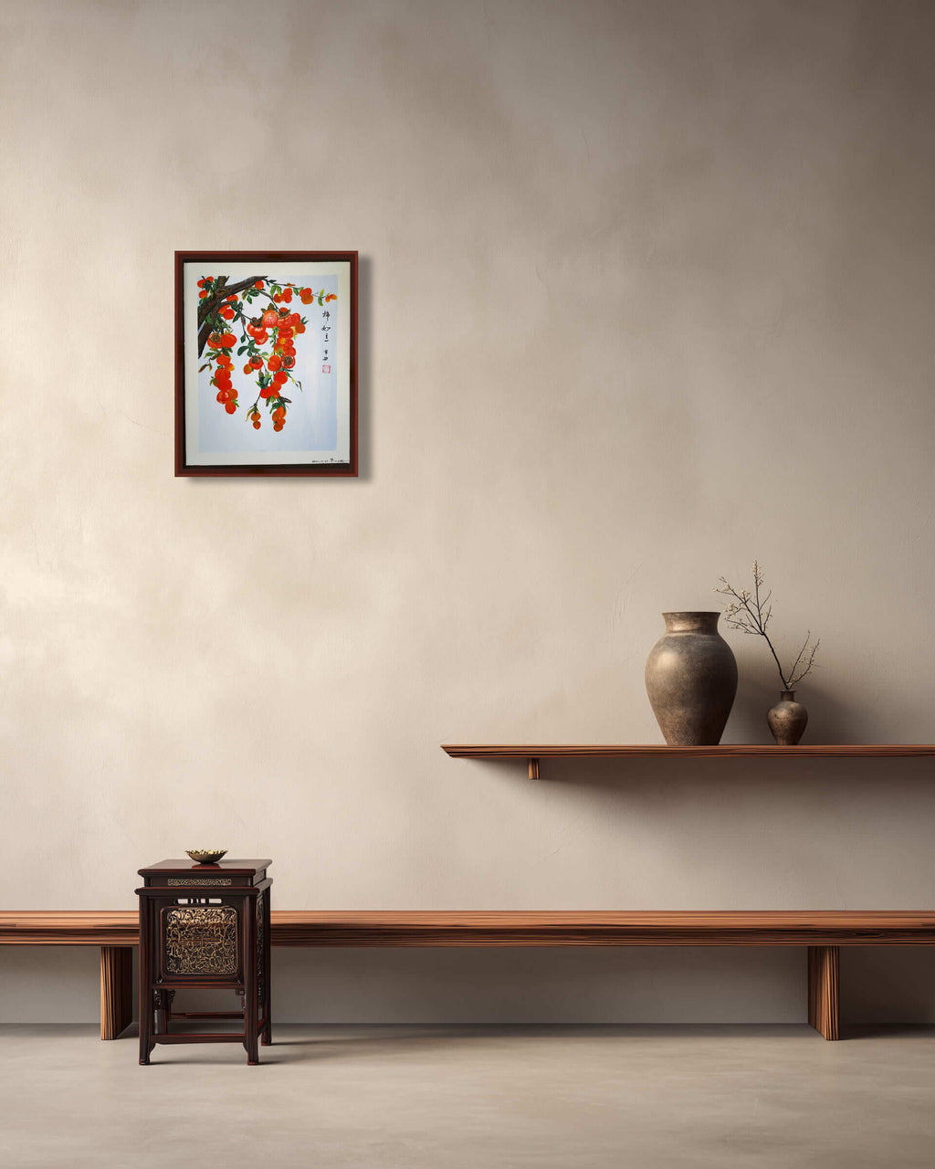 丙烯国画 柿子红了 59×49.5cm
Acrylic Chinese Painting Persimmons in Autumn 59×49.5cm