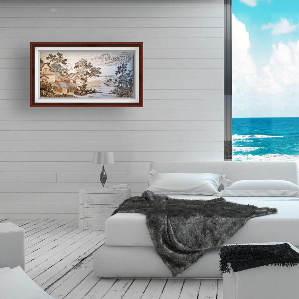 江南古桥亭台 • 纸本中国画 138 x 68 cm