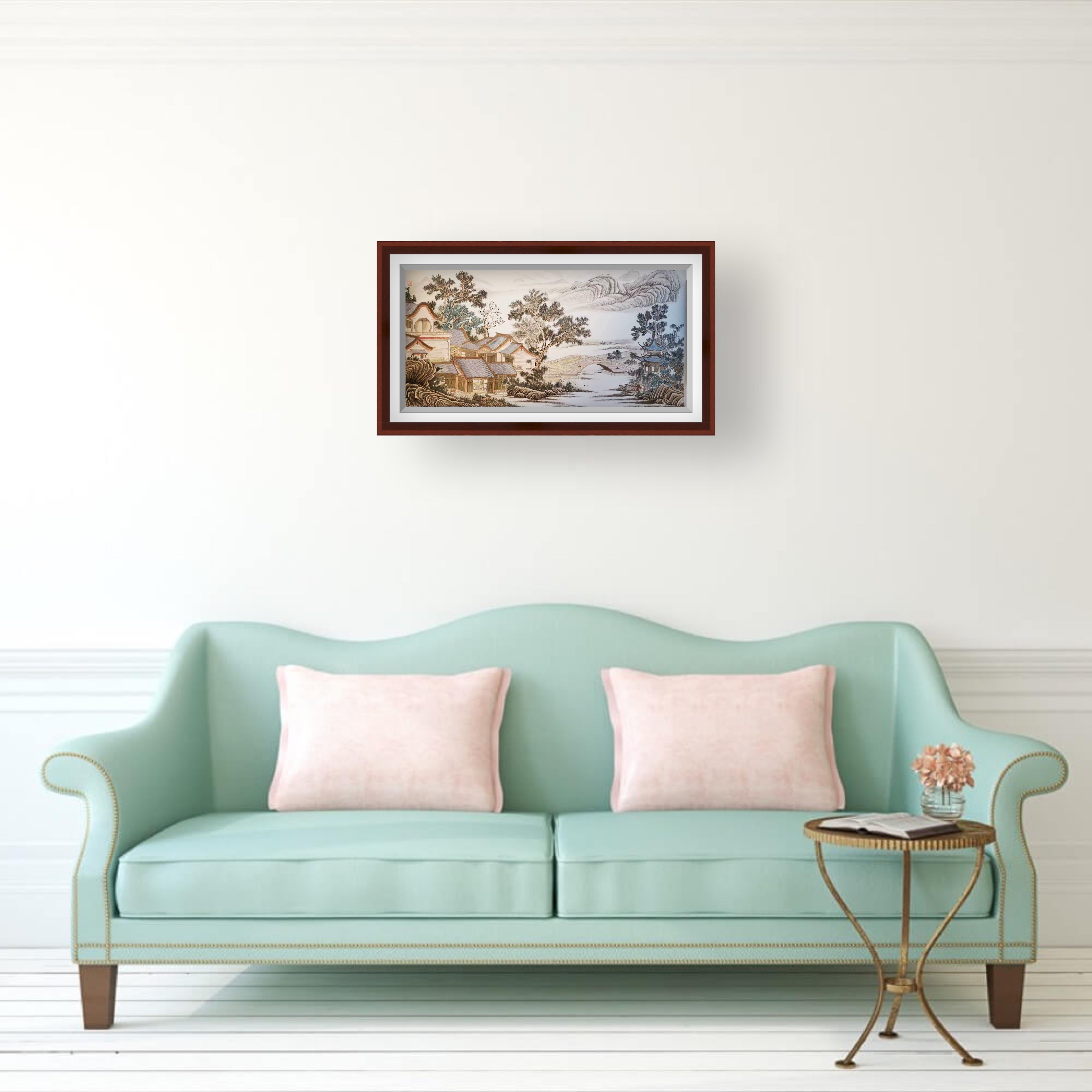 江南古桥亭台 • 纸本中国画 138 x 68 cm