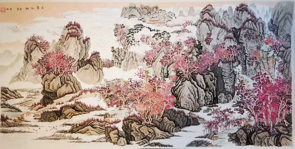 《霜染群峰 · 赤霞山居》中国画（纸本）138×68cm